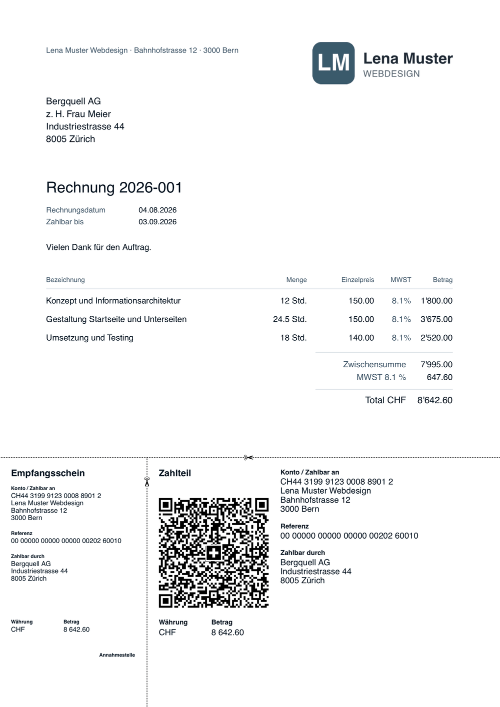Musterrechnung von MILQ: Adressfeld, Positionen mit Stundenansätzen, Total mit ausgewiesener MWST und darunter der Schweizer QR-Zahlteil mit Empfangsschein.